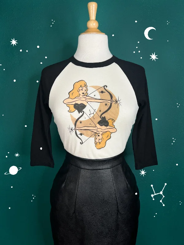 Cosmic Archer Cropped Baby 3/4 Raglan tee in Natural/Black Satin Blend Silk Blend Wool Blend