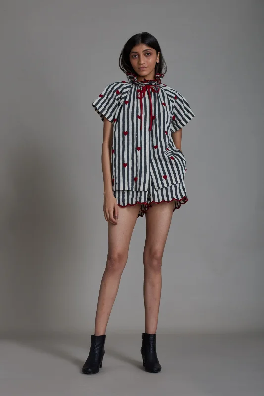 Stripe Tora Shirt-Black with Red Heart Mesh Canvas Denim