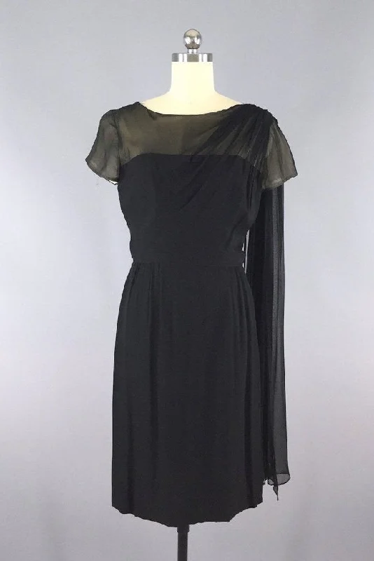 Vintage 1950s Black Chiffon Illusion Silk Dress