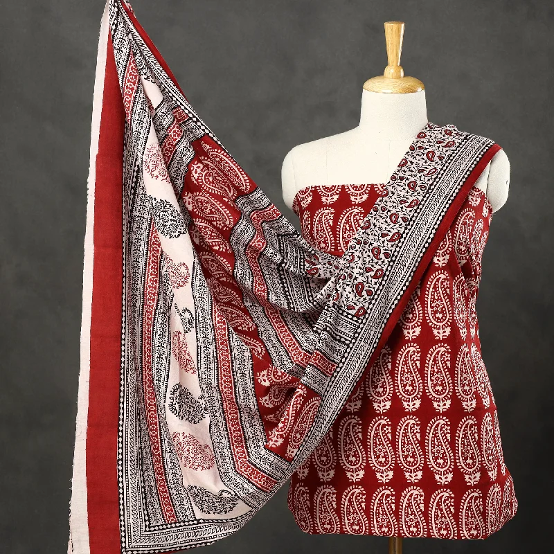 Red - 3pc Bagh Print Cotton Dress Material Set 43