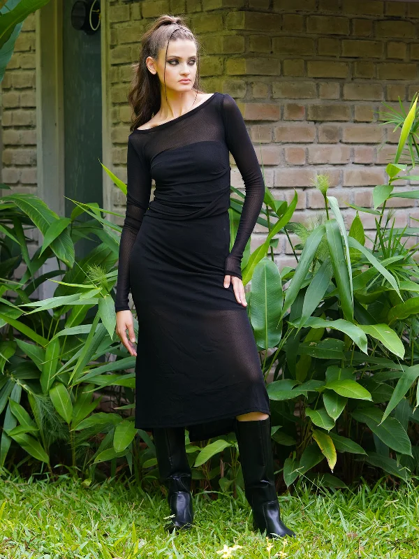 Odette Women Black Polyester Gauze Lycra Stitched Dress