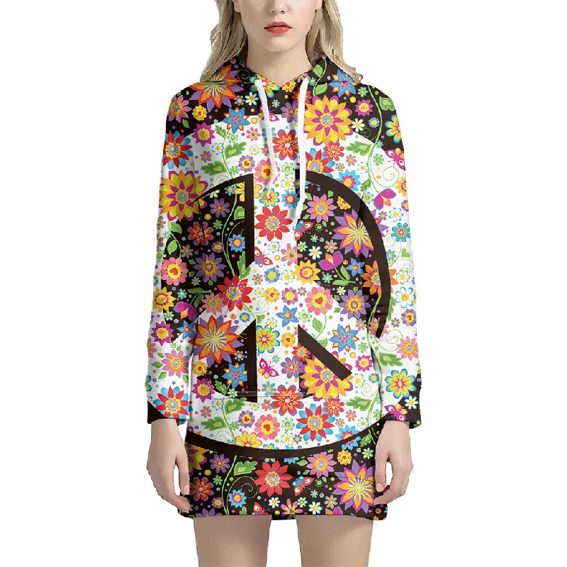 Hippie Flower Peace Sign Print Pullover Hoodie Dress