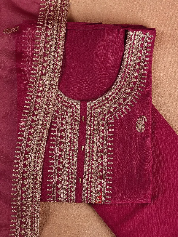 Maroon Embroidered Cotton Blend Dress Material With Dupatta