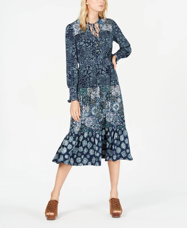 Michael Kors Multi-Print Peasant Dress (True Navy/Sea Green, XL)