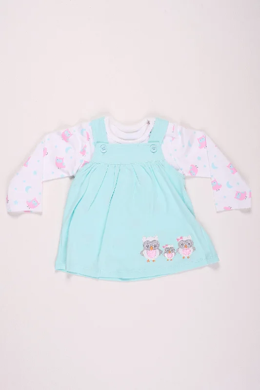 Aqua Owl Print Baby Girl Dress Set