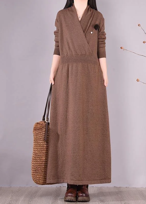 Organic Chocolate Clothes V Neck Asymmetric Dresses Spring Dresses