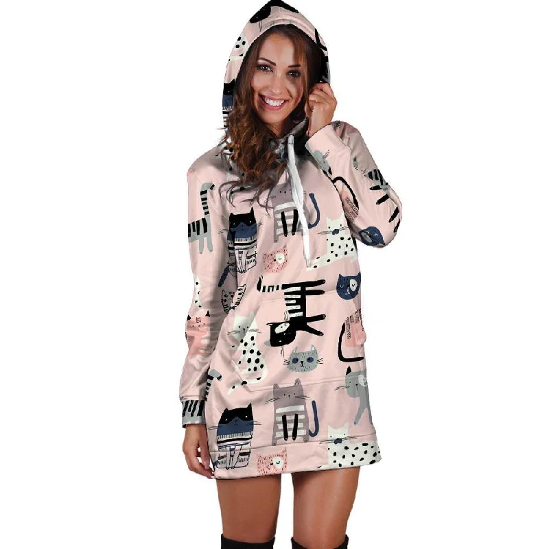 Pink Cute Cat Print Hoodie Dress