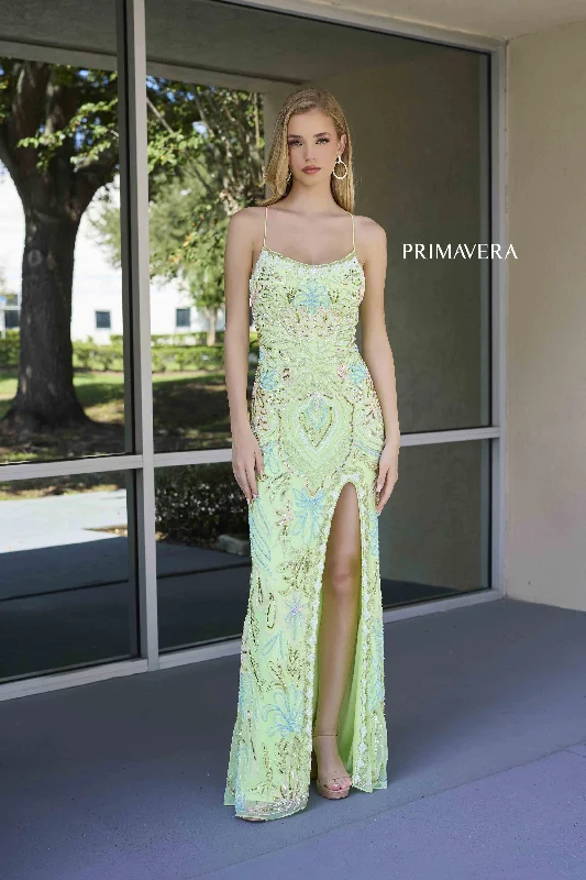 Primavera Couture 4156 Size 0 Apple Green Long Prom Dress Scoop Neck Fitted Sequin Lace Up Back High Slit Formal Pageant Gown
