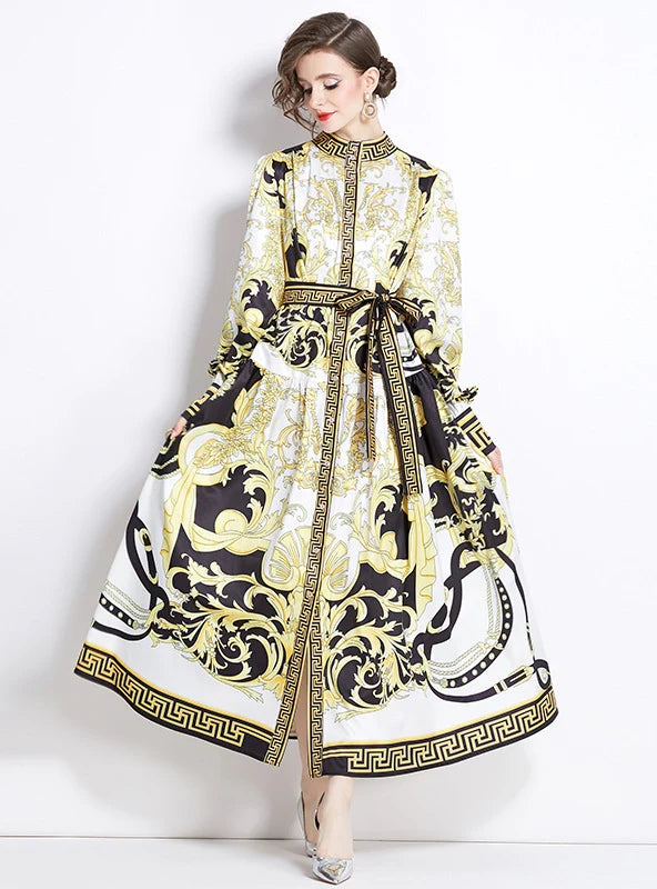RETRO STAND-UP PRINTED LONG DRESS