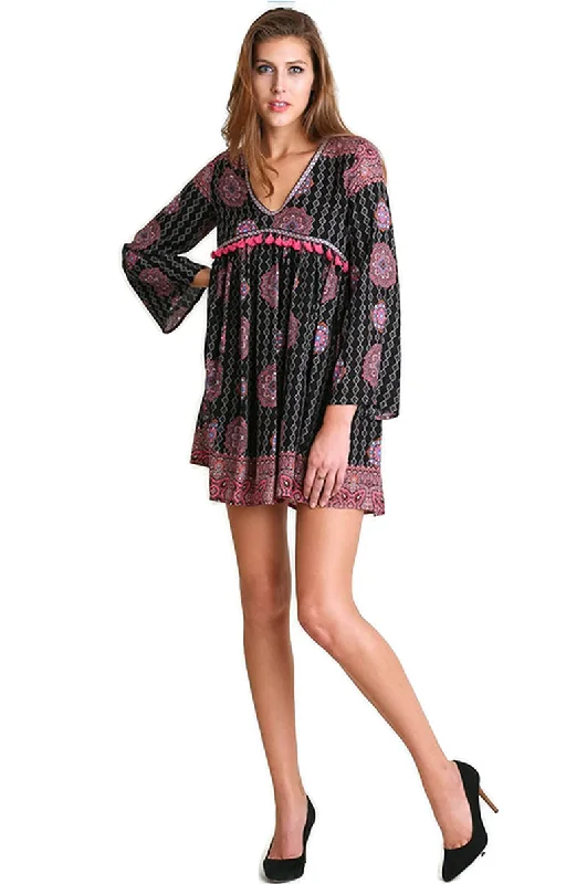 Tassel Trim Peasant Dress, Black