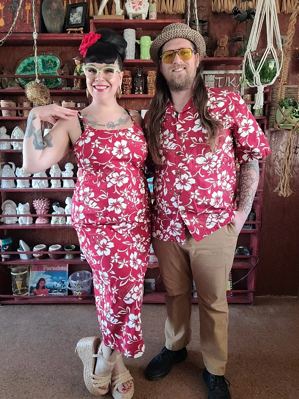 Vintage Y2K Red and White Hibiscus Dress
