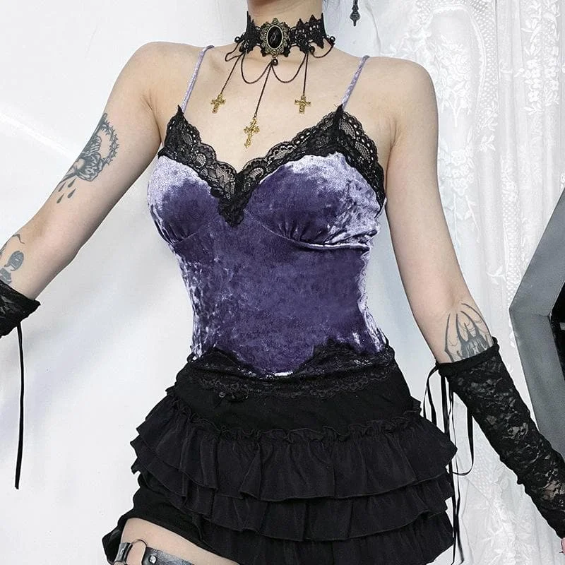 Velvet lace hem contrast v neck cami top | victorian gothic dresses