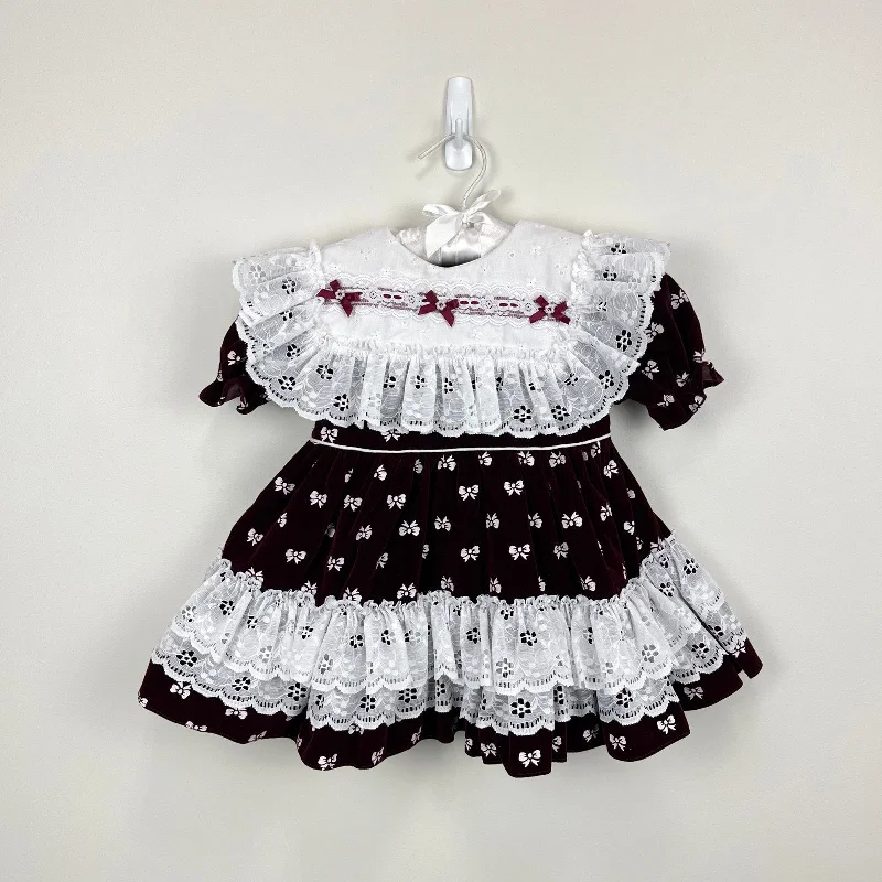Vintage Fancy Girl Burgundy Velveteen Ruffle Lace Bow Dress 24 Months USA