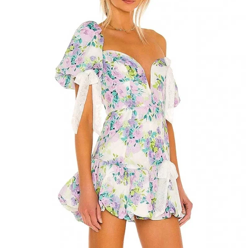 Zjkrl 2023 Summer Women Asymmetric Off The Shoulder Sexy Lace Ruffled Mini Dress Trendy Camisole Mini Dress