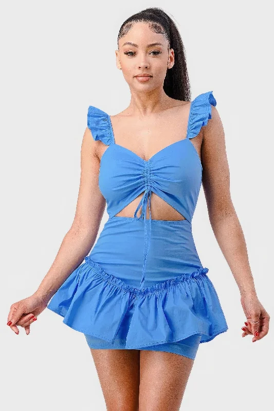 Chic Sweetheart Mini Dress with Bow Cutout and Ruffles Trendy A-Line Mini Dress