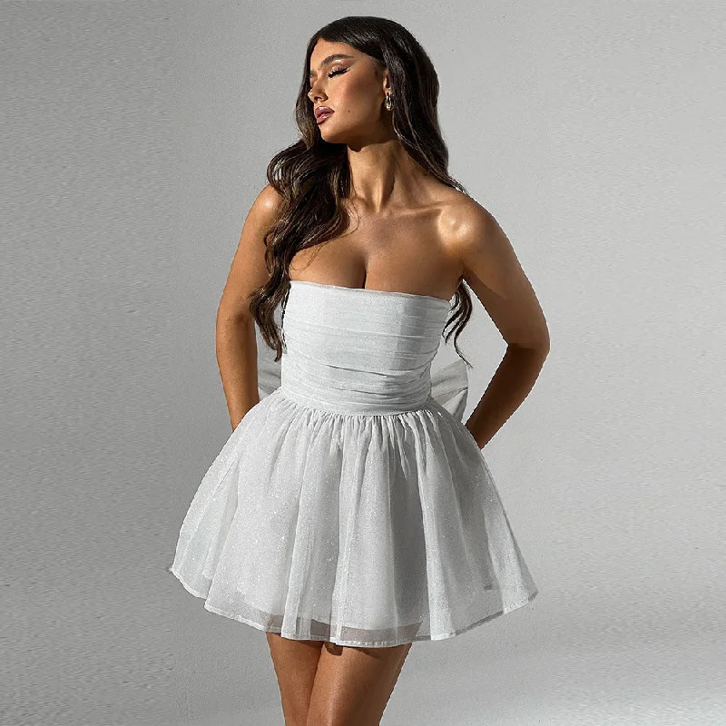 Glittery Strapless Mini Dress with a Bow Classic Black Mini Dress