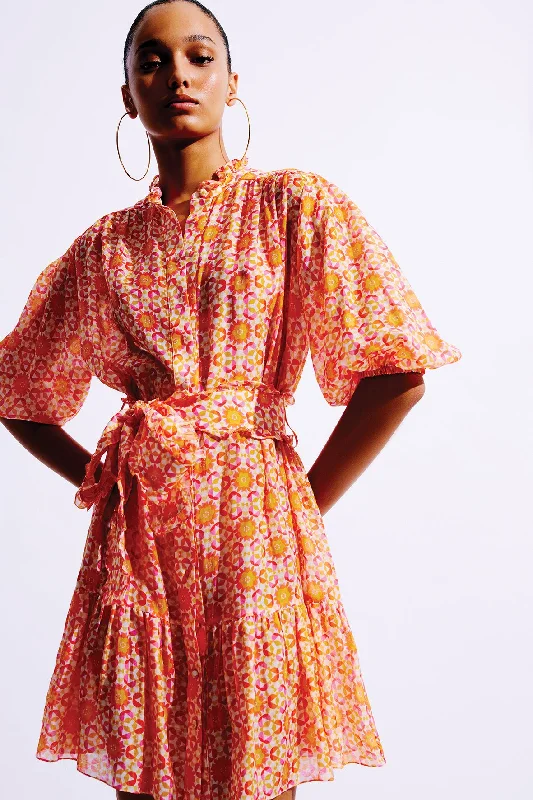 Jasmine Silk Cotton Mini Dress |Orange & Pink Elegant Satin Lace Mini Dress
