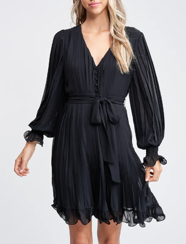 Long Sleeve Pleated Detail Ruffle Mini Dress Fashionable Lace Mini Dress