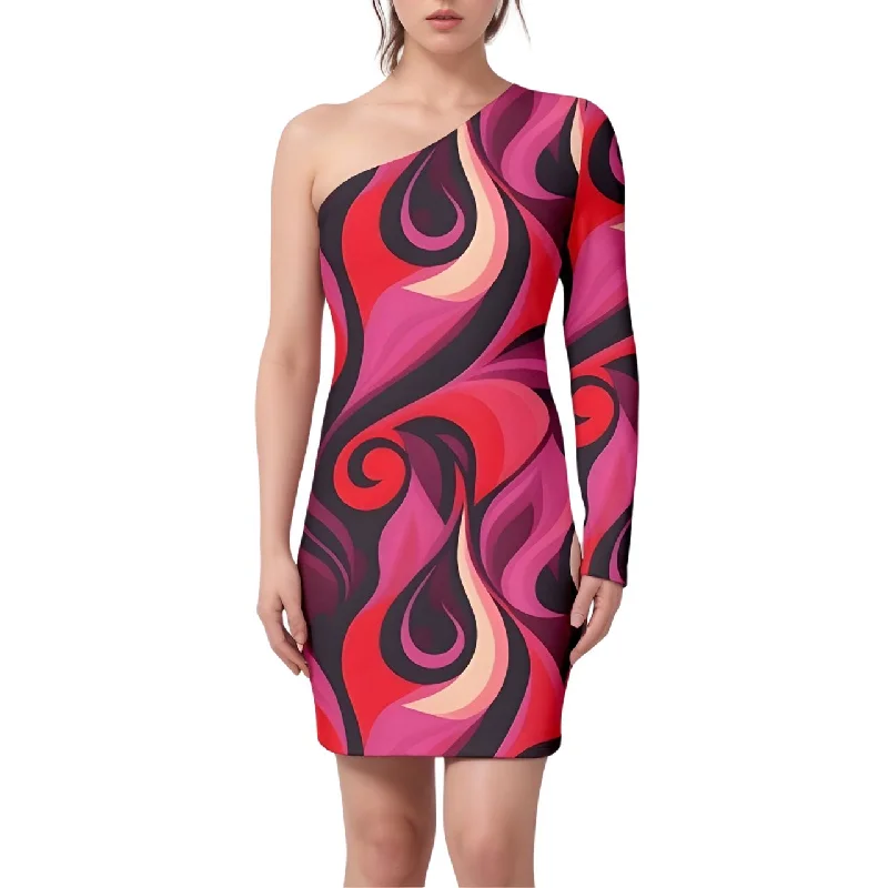 Prague Long Sleeve One Shoulder Mini Dress - Airline Series Elegant Mini Dress with Ruffles