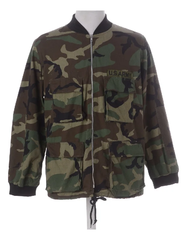 Label Camo Bomber Jacket Stand-Up Collar Roll-Neck Collar Turtle Neck
