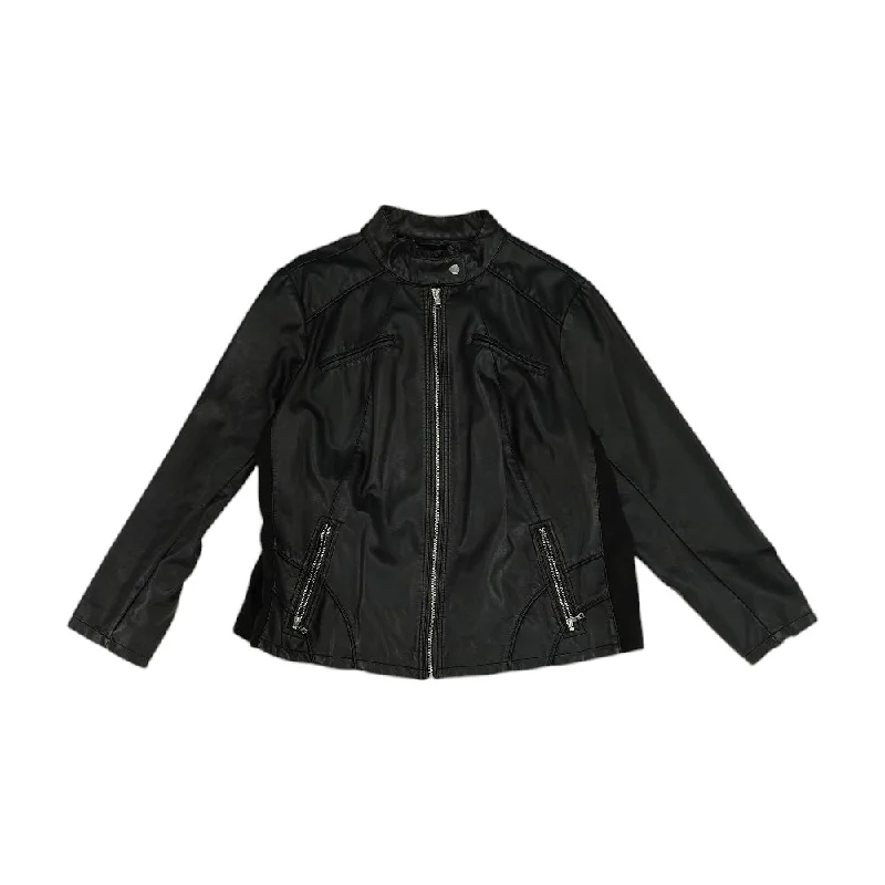 Black Solid Faux Leather Jacket Hoodie Zip-Up Jacket Button-Up Jacket