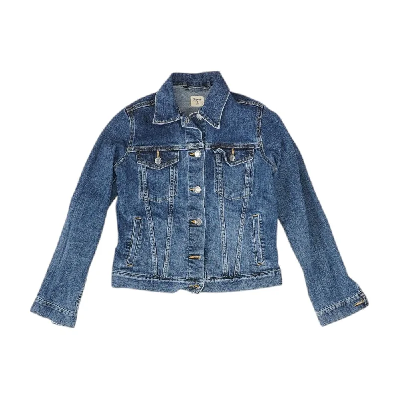Blue Solid Denim Jacket Zippered Jacket Buttoned Jacket Snapped Jacket