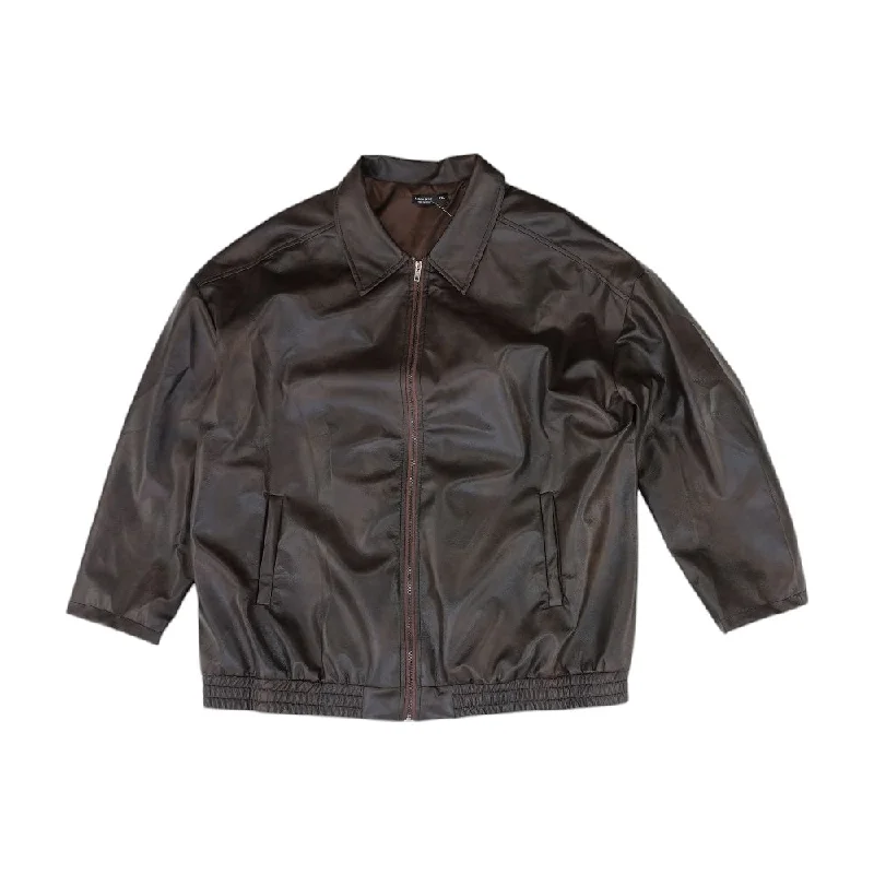 Brown Solid Faux Leather Jacket Denim Fabric Leather Fabric Suede Fabric