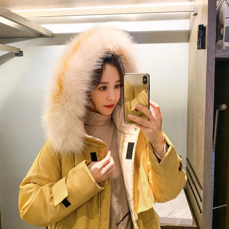 Fashionable Mid-length Down Cotton Winter Outdoor Fur Collar Thick Windproof Warmth Loose Down Padded Jacket Zip Front Button Front Snap Front
