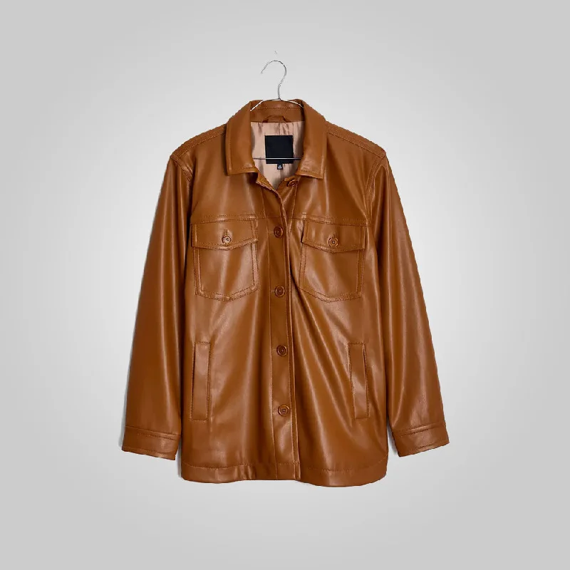 Women Brown Leather Shirt Jacket Embroidered Jacket Appliqued Jacket Beaded Jacket