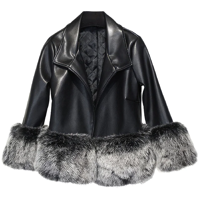 Women’s Black Genuine Sheepskin Sherpa Shearling Faux Fur Cuffs Fashionable Casual Classic Winter Warm Slim Fit Leather Jacket Boat Neck Shawl Collar Notched Collar