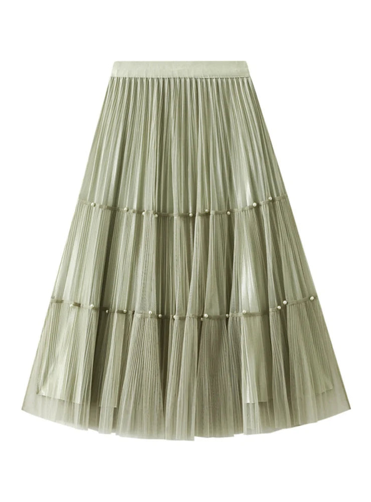 BEADED GAUZE PLEATED SKIRT midi skirt versatile