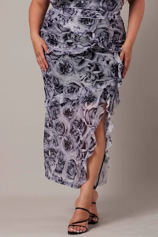 Black Floral Rosette Mesh Frill Skirt silk skirt lustrous