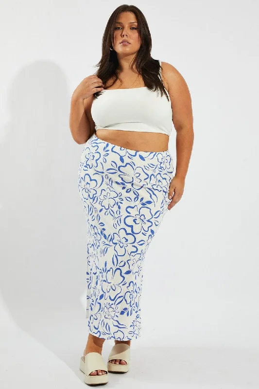 Blue Abstract Slip Skirt Linen Blend lightweight skirt design