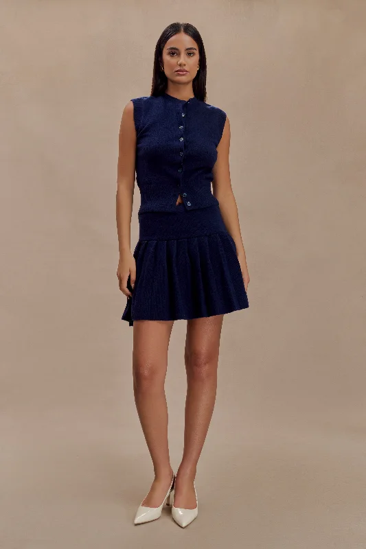 Dionne Pleated Knit Mini Skirt - Dark Navy tiered skirt playful