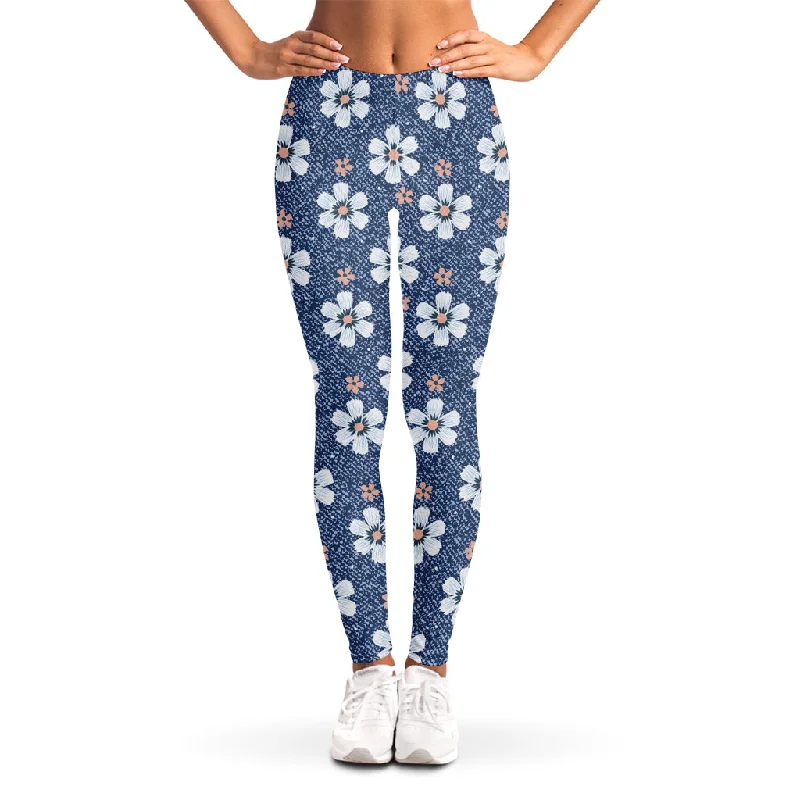 Flower Denim Jeans Pattern Print Women's Leggings Fashionable Straight Cut Jeans