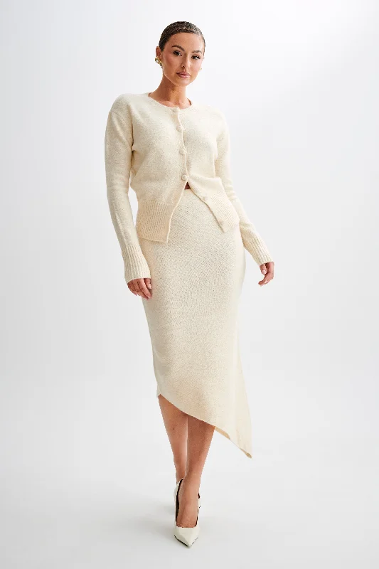 Genevieve Asymmetrical Knit Midi Skirt - Cream Marle linen skirt airy