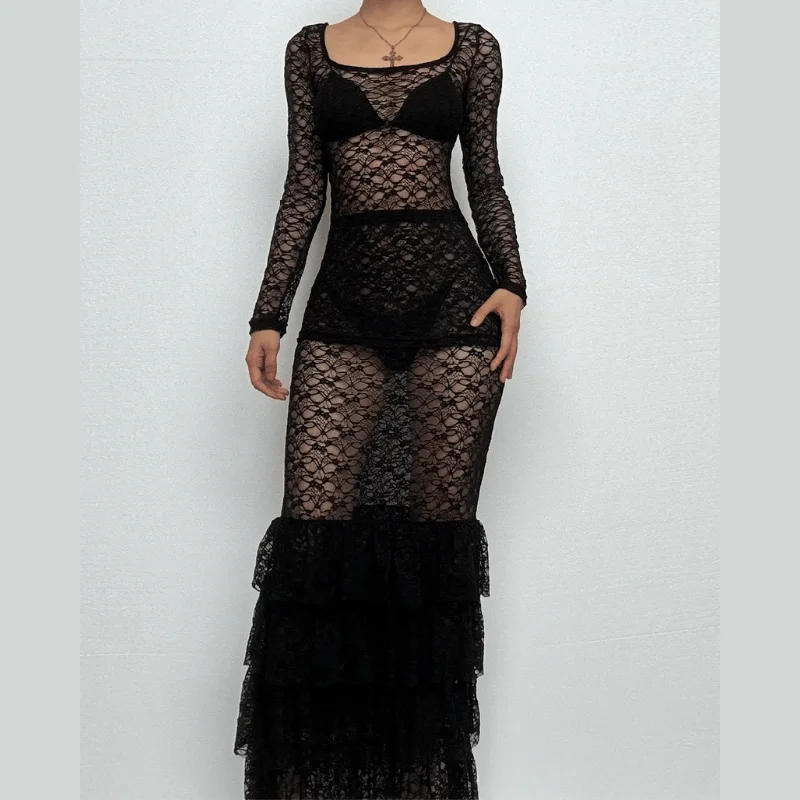 Long sleeve lace see through ruffle maxi skirt set lace skirt romantic