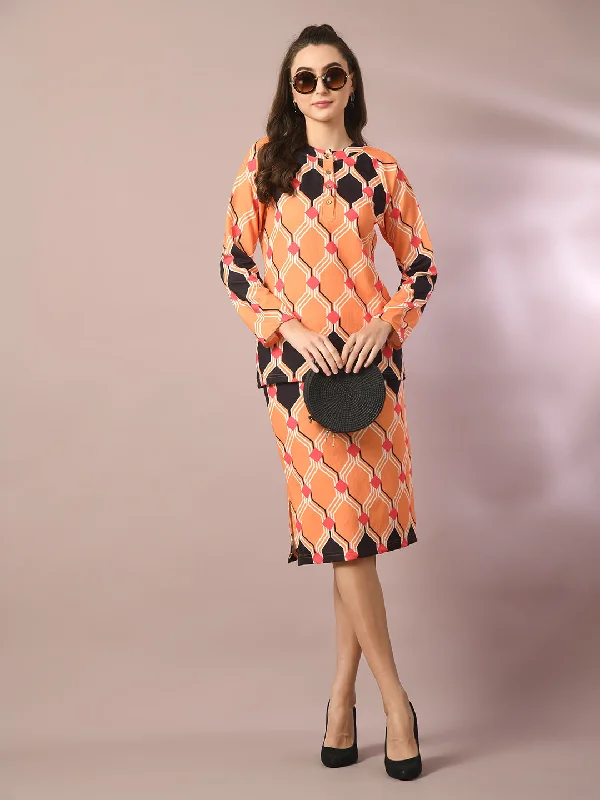 Women's  Multi Printed Round Neck Party Top With Skirt Co-Ord Set  - Myshka linen skirt light