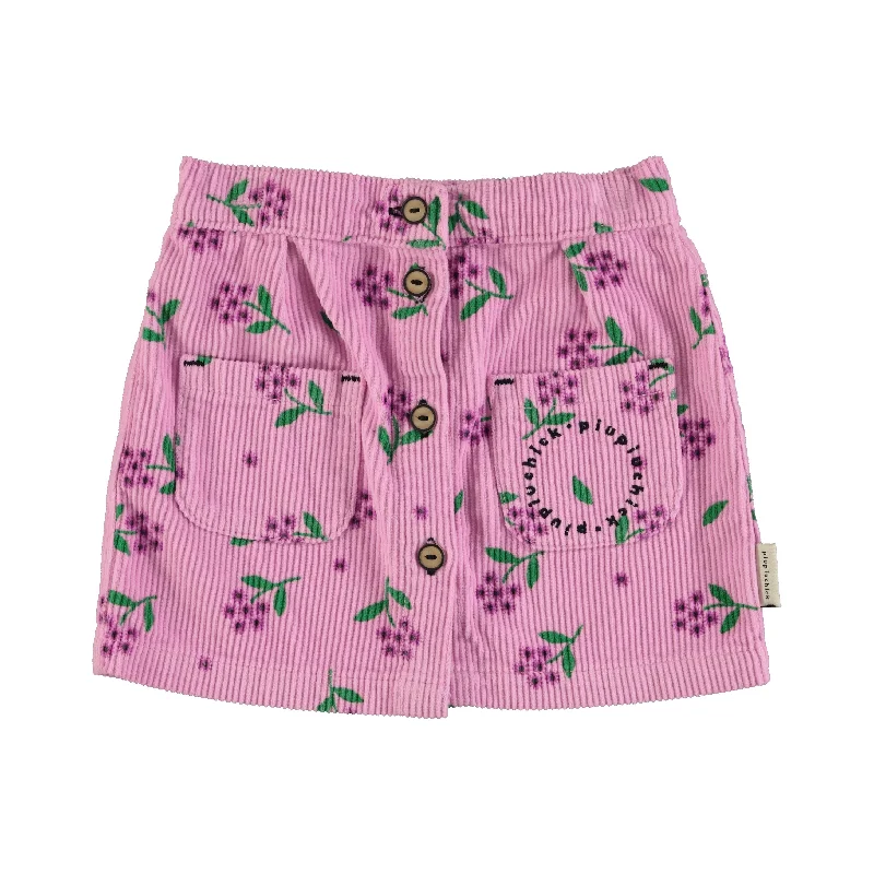 Piupiuchick Pink Flowers Cord Knee Length Skirt corduroy skirt durable
