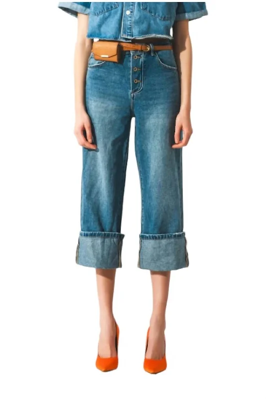 Relaxed Jeans With Rolled Hem And Exposed Buttons In Denim Blue Chic Rip-Detail High-Waist Jeans Relaxed Jeans With Rolled Hem And Exposed Buttons In Denim Blue Chic Rip-Detail High-Waist Jeans