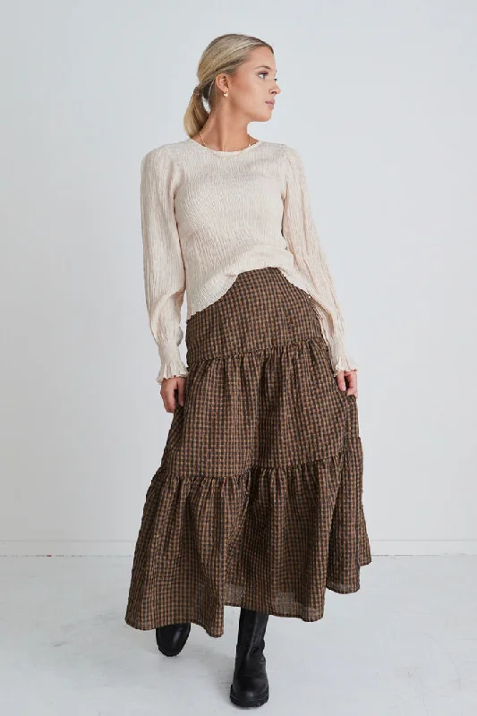 Stella Toffee Gingham Tiered Midi Skirt velvet skirt rich