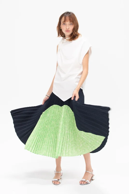 Sunburst Pleated Skirt, Midnight and Lime leather skirt sleek