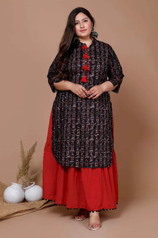 Women's Plus Size Black Printed Pure Cotton Kurta With Skirt - Miravan satin skirt smooth