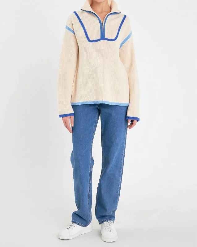 Caroline Sweater In Blue Multi Solid Print Embellished