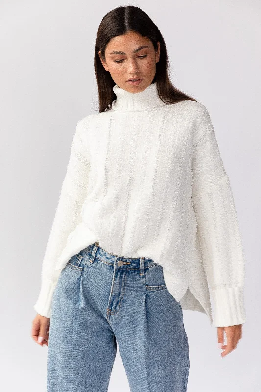 Cream Textured Knit Turtleneck Sweater Bright Pastel Dark