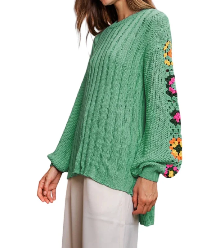 Sweater With Crochet Arms In Mint Green Machine Wash Dry Clean Hand Wash